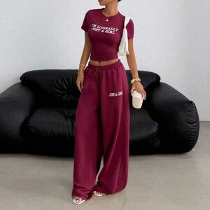 2 piece top and bottom Wide-Leg Burgundy Lounge Pants - Just A Girl